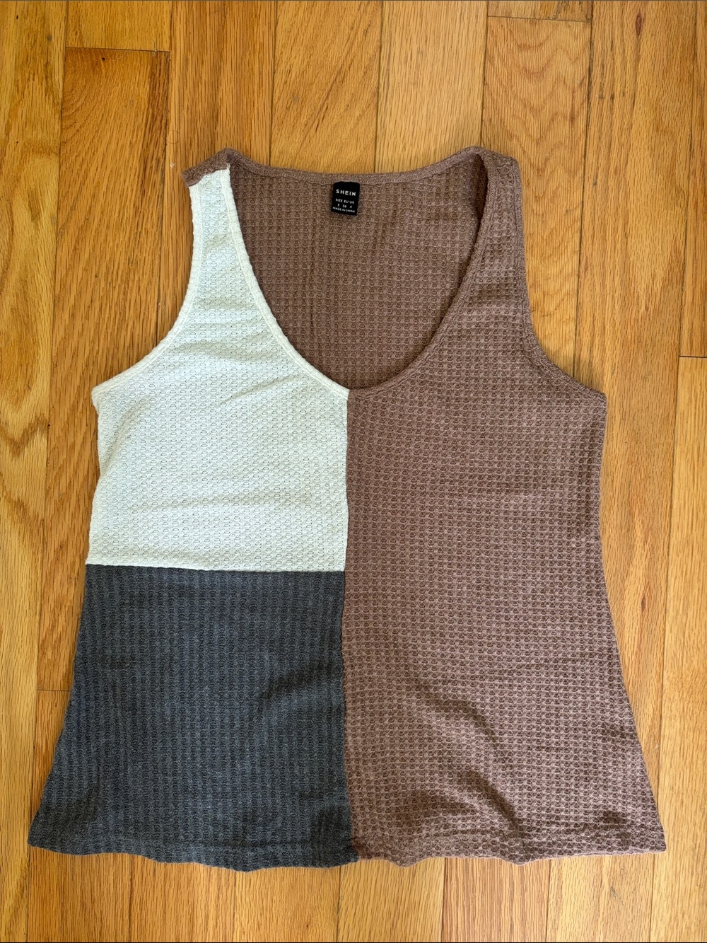 Colorblock Waffle Knit Tank Top in Brown, White, & Gray